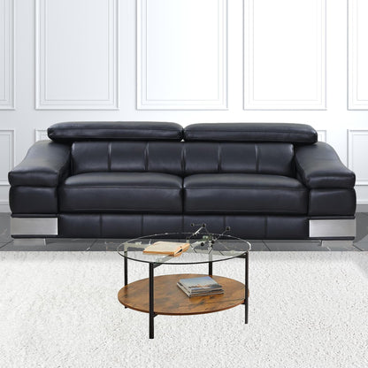 32" Black Brown and Glass Round Coffee Table with Shelf