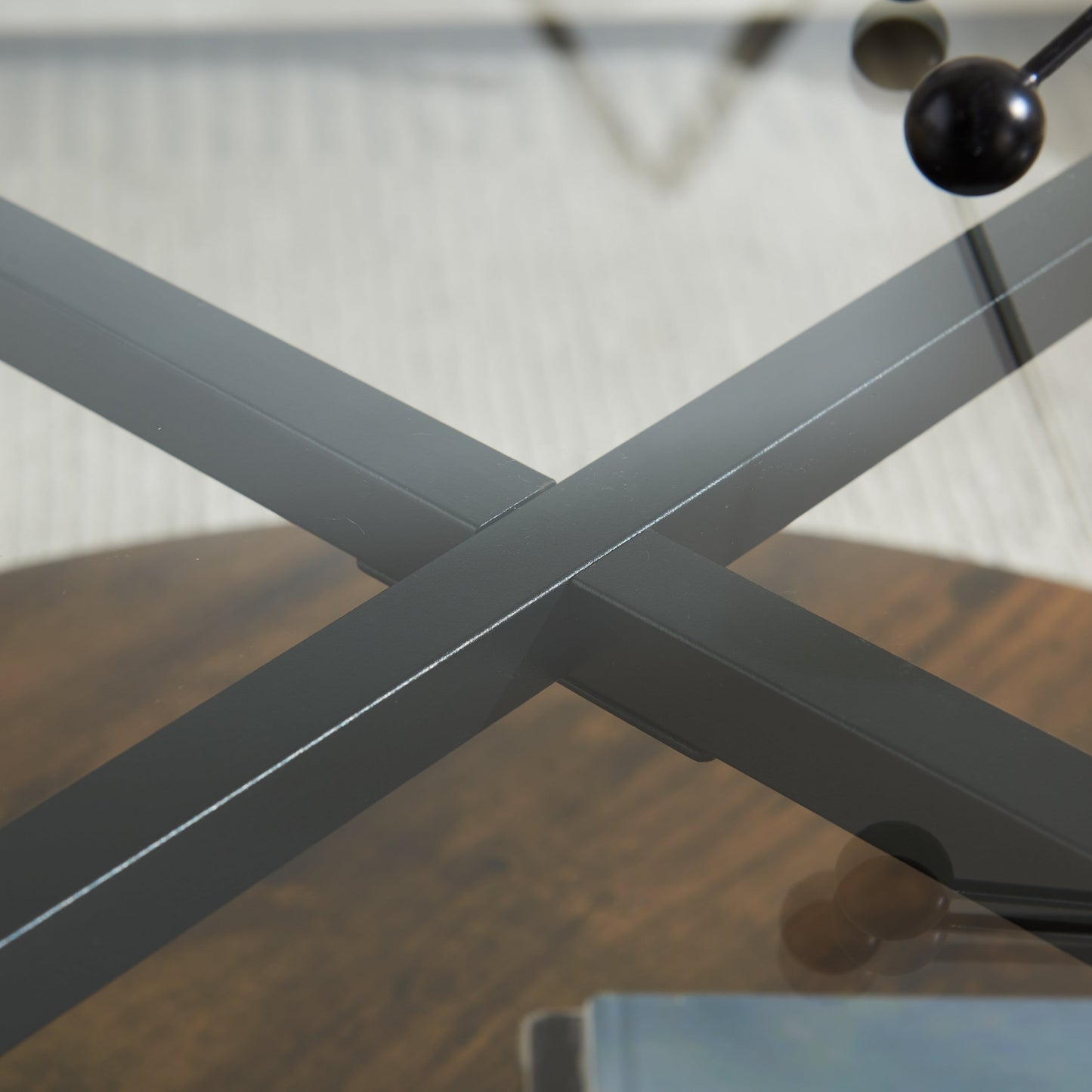 32" Black Brown and Glass Round Coffee Table with Shelf