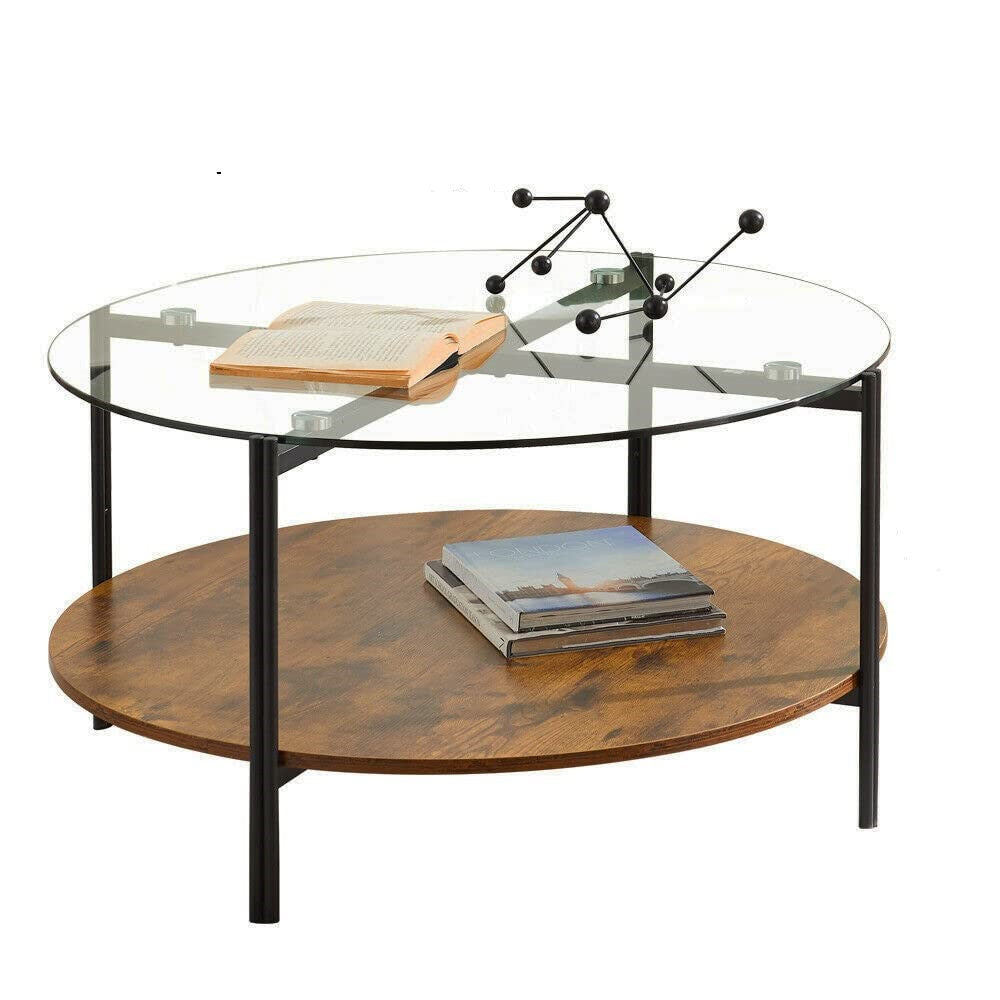 32" Black Brown and Glass Round Coffee Table with Shelf