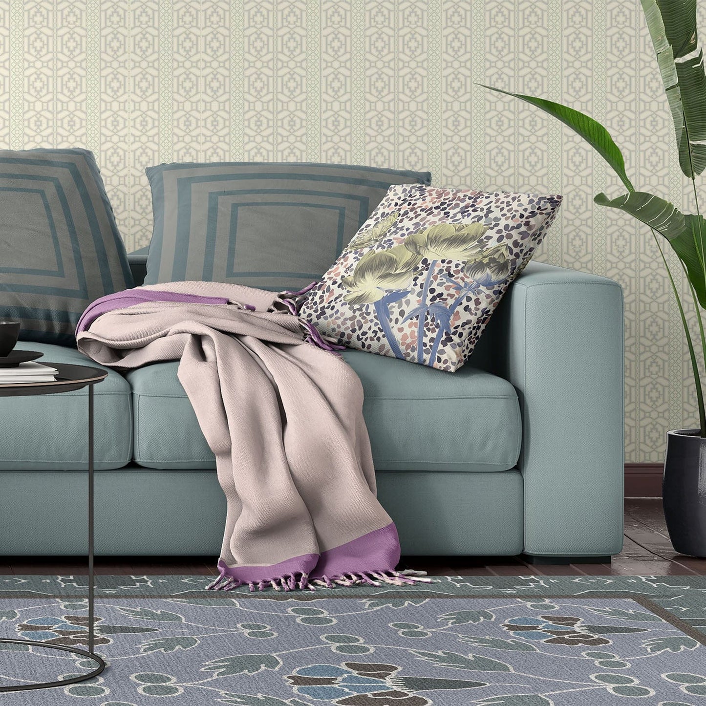 18" X 18" MutedYellow Blue Peach Floral Zippered Suede Throw Pillow