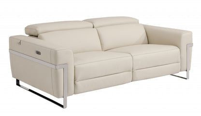 83" Beige Italian Leather and Chrome Reclining Sofa