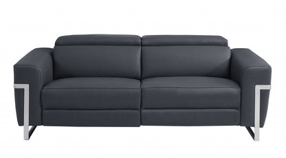 83" Dark Gray Italian Leather and  Chrome Reclining Sofa