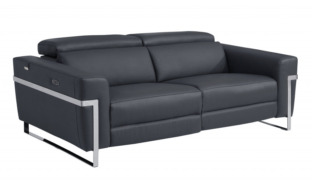 83" Dark Gray Italian Leather and  Chrome Reclining Sofa