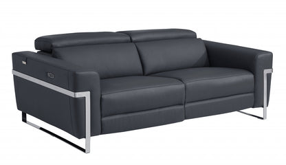 83" Dark Gray Italian Leather and  Chrome Reclining Sofa
