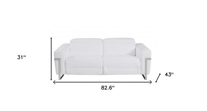 83" White Italian Leather with Chrome Accents Reclining Sofa