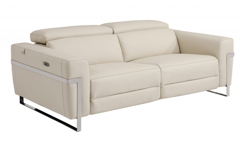 83" Beige Italian Leather and Black Reclining Sofa