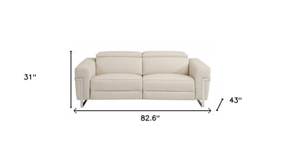 83" Beige Italian Leather and Black Reclining Sofa