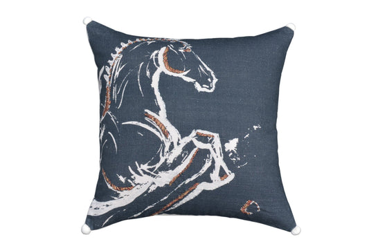 18" X 18" Gray Horse Zippered Handmade Cotton Blend Throw Pillow With Embroidery