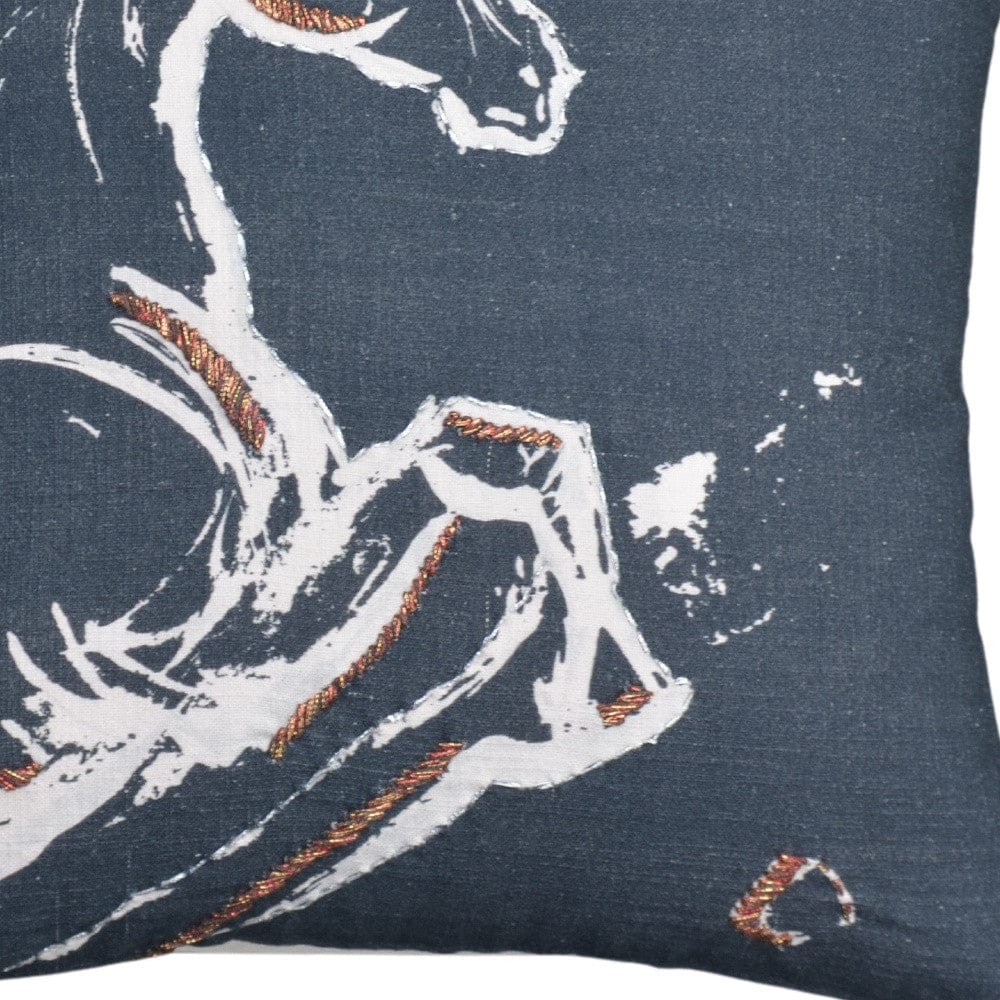 18" X 18" Gray Horse Zippered Handmade Cotton Blend Throw Pillow With Embroidery