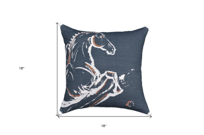 18" X 18" Gray Horse Zippered Handmade Cotton Blend Throw Pillow With Embroidery