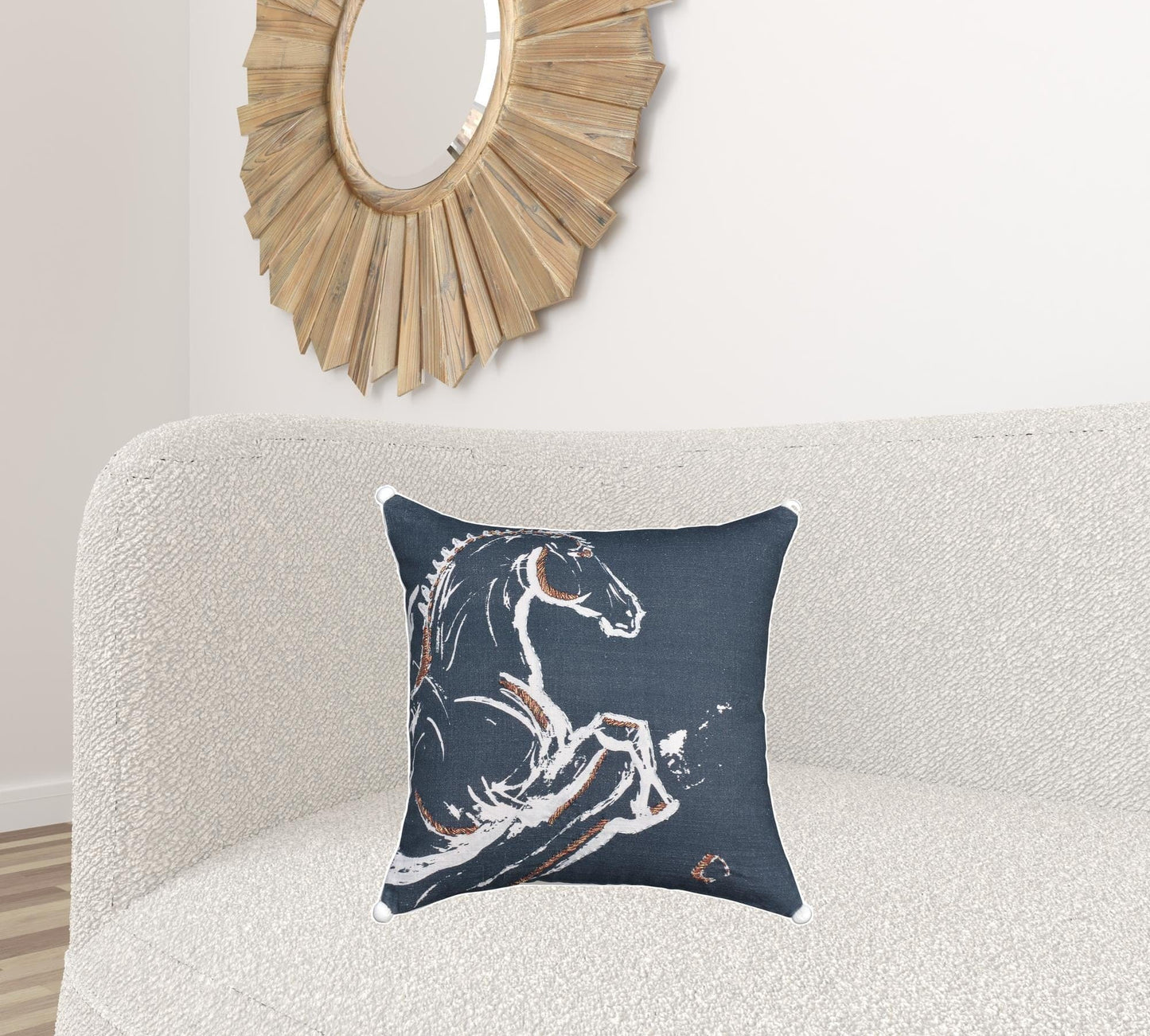 18" X 18" Gray Horse Zippered Handmade Cotton Blend Throw Pillow With Embroidery