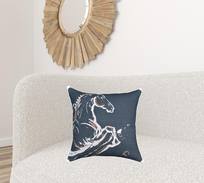 18" X 18" Gray Horse Zippered Handmade Cotton Blend Throw Pillow With Embroidery