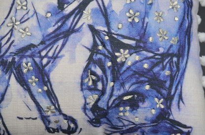 18" X 18" Blue And White Abstract Cat Throw Pillow With Pom Poms