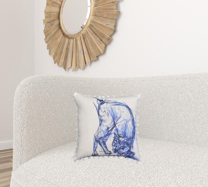 18" X 18" Blue And White Abstract Cat Throw Pillow With Pom Poms