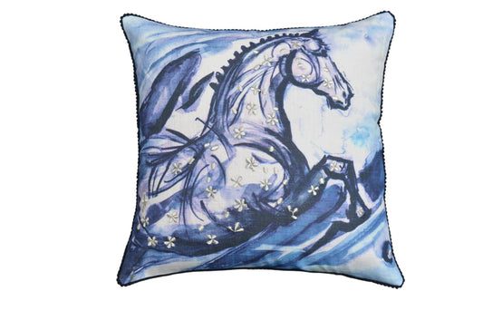 18" X 18" Blue Horse Zippered Cotton Blend Throw Pillow With Embroidery