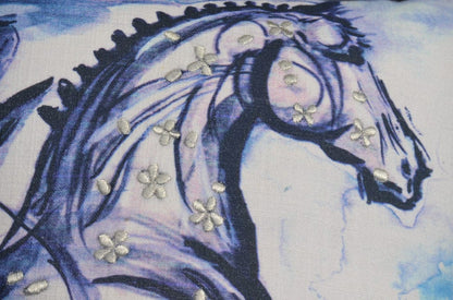 18" X 18" Blue Horse Zippered Cotton Blend Throw Pillow With Embroidery