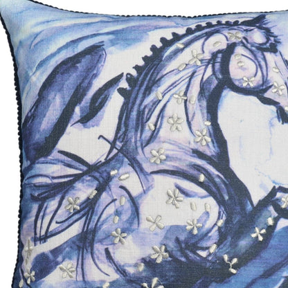 18" X 18" Blue Horse Zippered Cotton Blend Throw Pillow With Embroidery