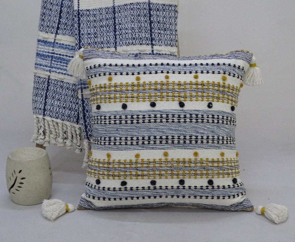 20" X 20" Blue And Gold Striped Handmade Throw Pillow With Tassels