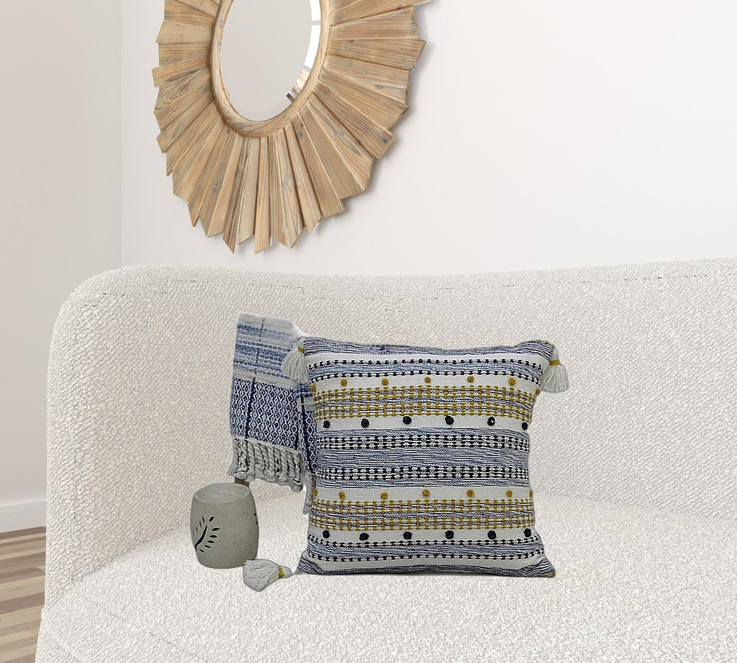 20" X 20" Blue And Gold Striped Handmade Throw Pillow With Tassels