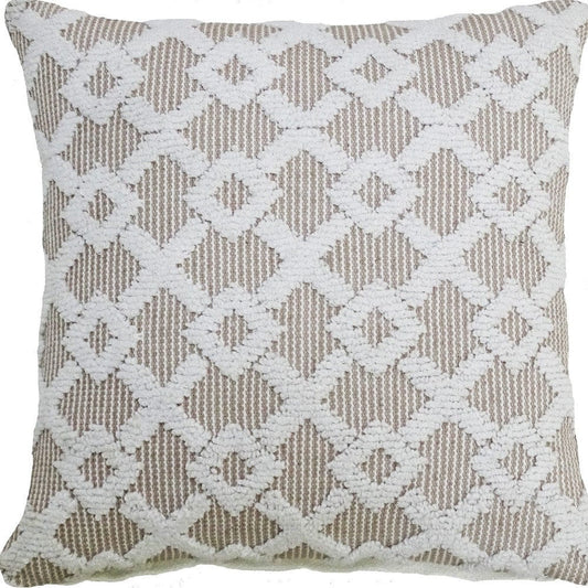 20" X 20" White And Beige Trellis Zippered Cotton Blend Throw Pillow