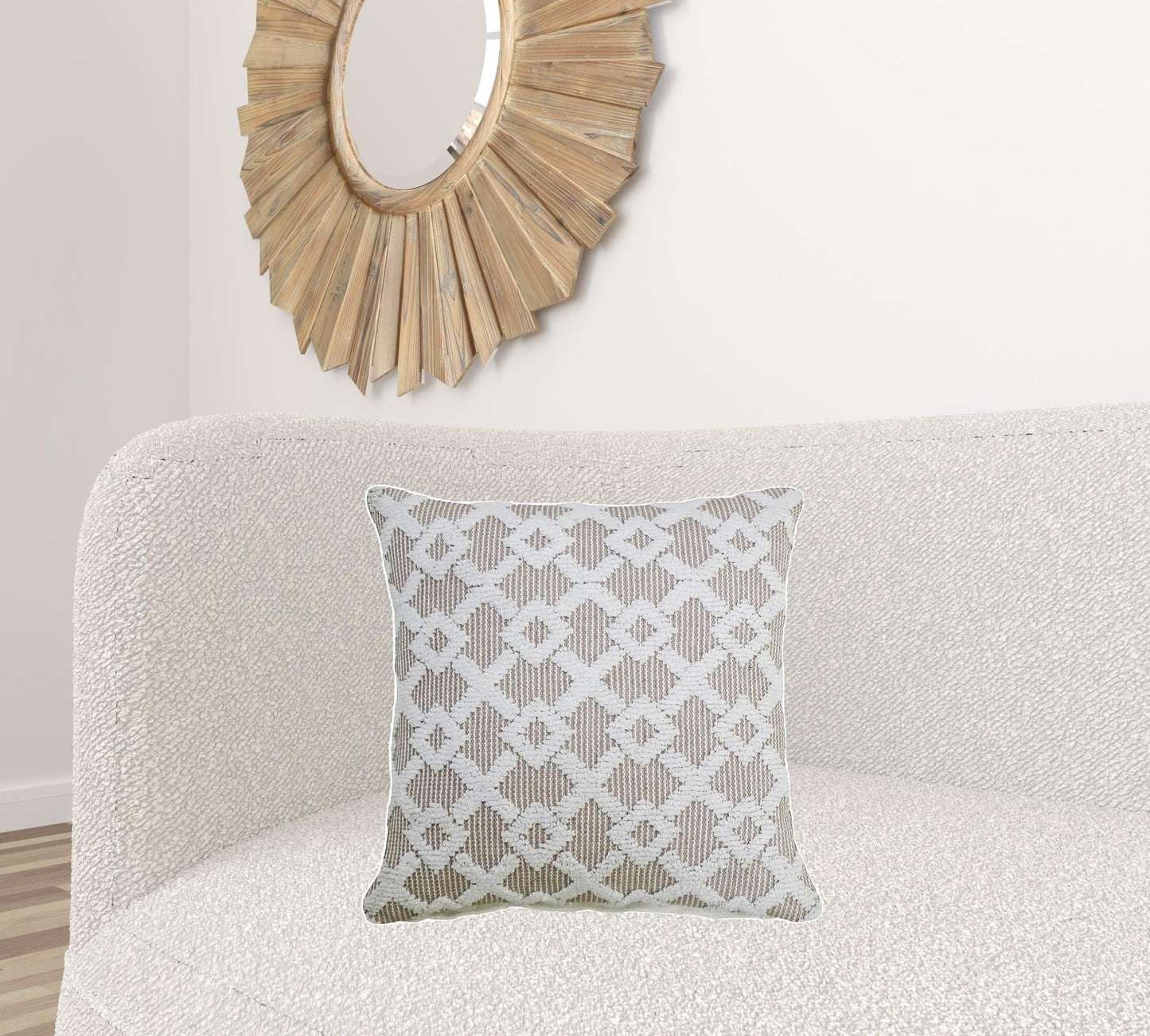 20" X 20" White And Beige Trellis Zippered Cotton Blend Throw Pillow