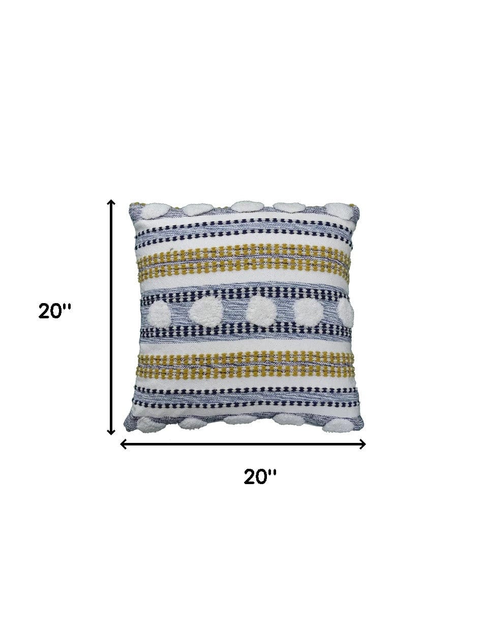 20" X 20" Blue And Yellow Ribbed Zippered Cotton Blend Throw Pillow