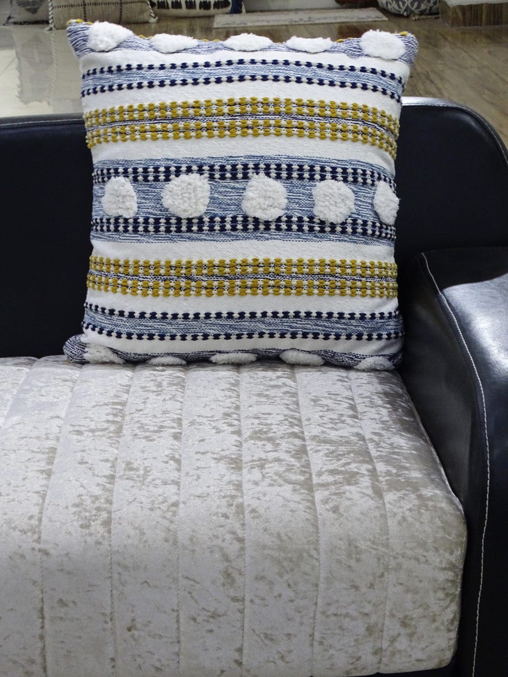 20" X 20" Blue And Yellow Ribbed Zippered Cotton Blend Throw Pillow