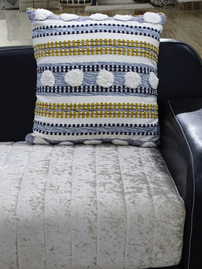20" X 20" Blue And Yellow Ribbed Zippered Cotton Blend Throw Pillow