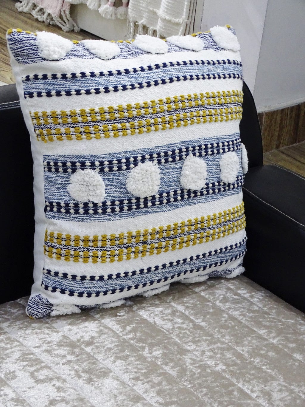 20" X 20" Blue And Yellow Ribbed Zippered Cotton Blend Throw Pillow