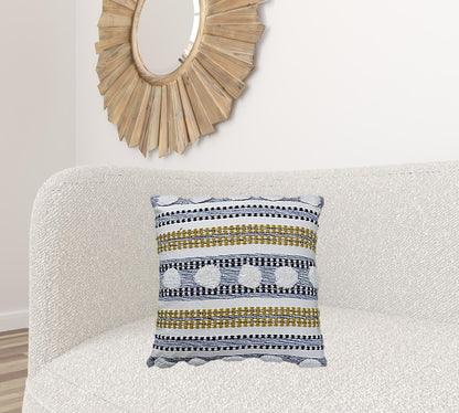 20" X 20" Blue And Yellow Ribbed Zippered Cotton Blend Throw Pillow