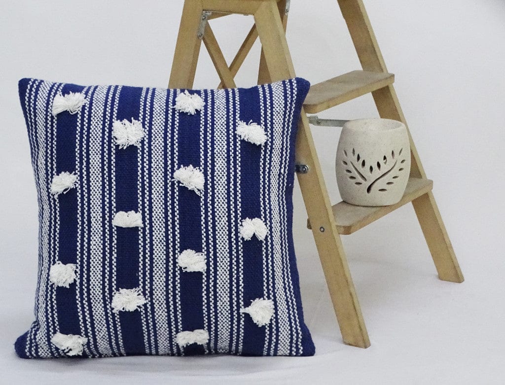 20" X 20" Navy and White Striped Textural Throw Pillow With Pom Poms