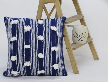 20" X 20" Navy and White Striped Textural Throw Pillow With Pom Poms