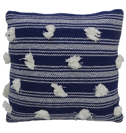 20" X 20" Navy and White Striped Textural Throw Pillow With Pom Poms
