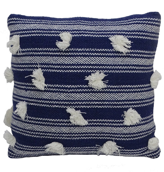 20" X 20" Navy and White Striped Textural Throw Pillow With Pom Poms