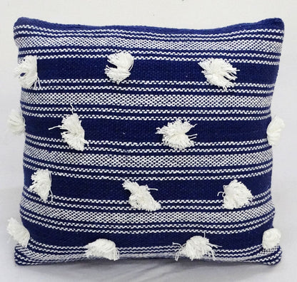 20" X 20" Navy and White Striped Textural Throw Pillow With Pom Poms