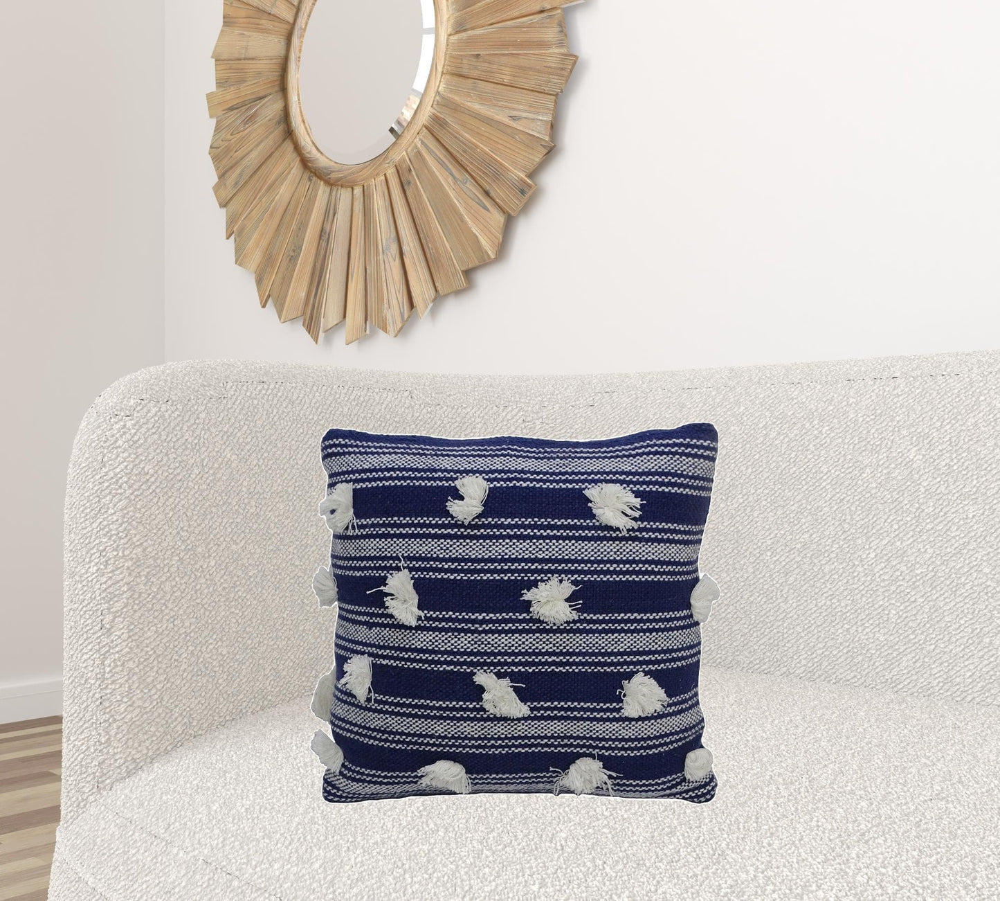 20" X 20" Navy and White Striped Textural Throw Pillow With Pom Poms