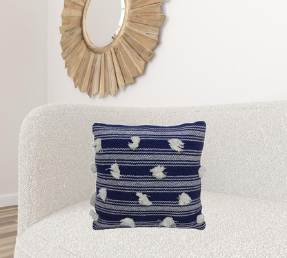 20" X 20" Navy and White Striped Textural Throw Pillow With Pom Poms