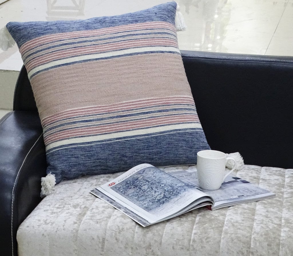 22" X 22" Blue And Tan Striped Handmade Throw Pillow With Tassels