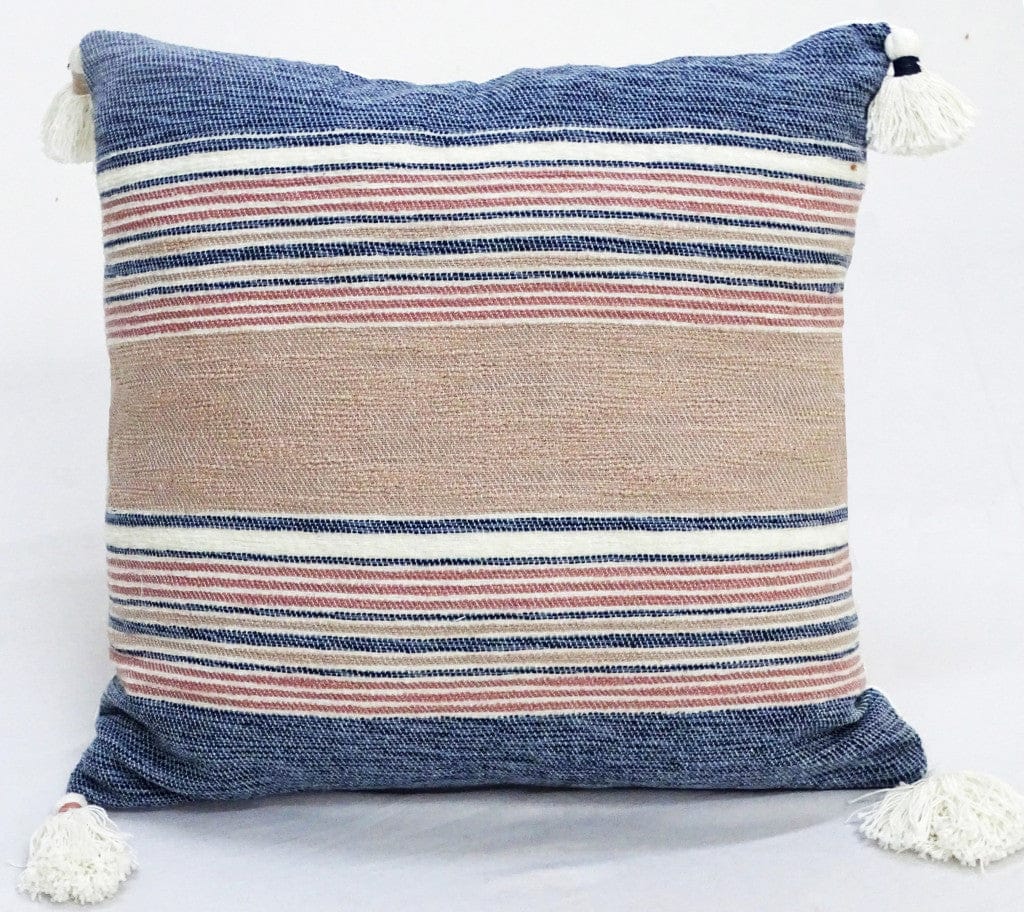 22" X 22" Blue And Tan Striped Handmade Throw Pillow With Tassels