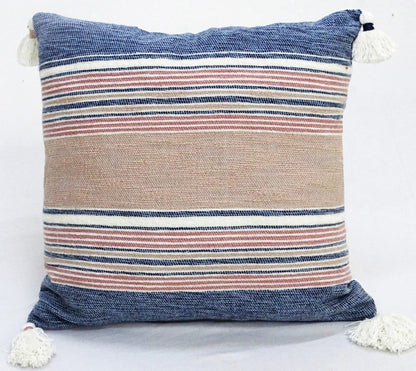 22" X 22" Blue And Tan Striped Handmade Throw Pillow With Tassels