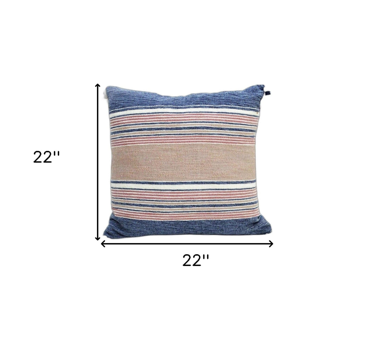22" X 22" Blue And Tan Striped Handmade Throw Pillow With Tassels