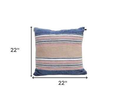 22" X 22" Blue And Tan Striped Handmade Throw Pillow With Tassels