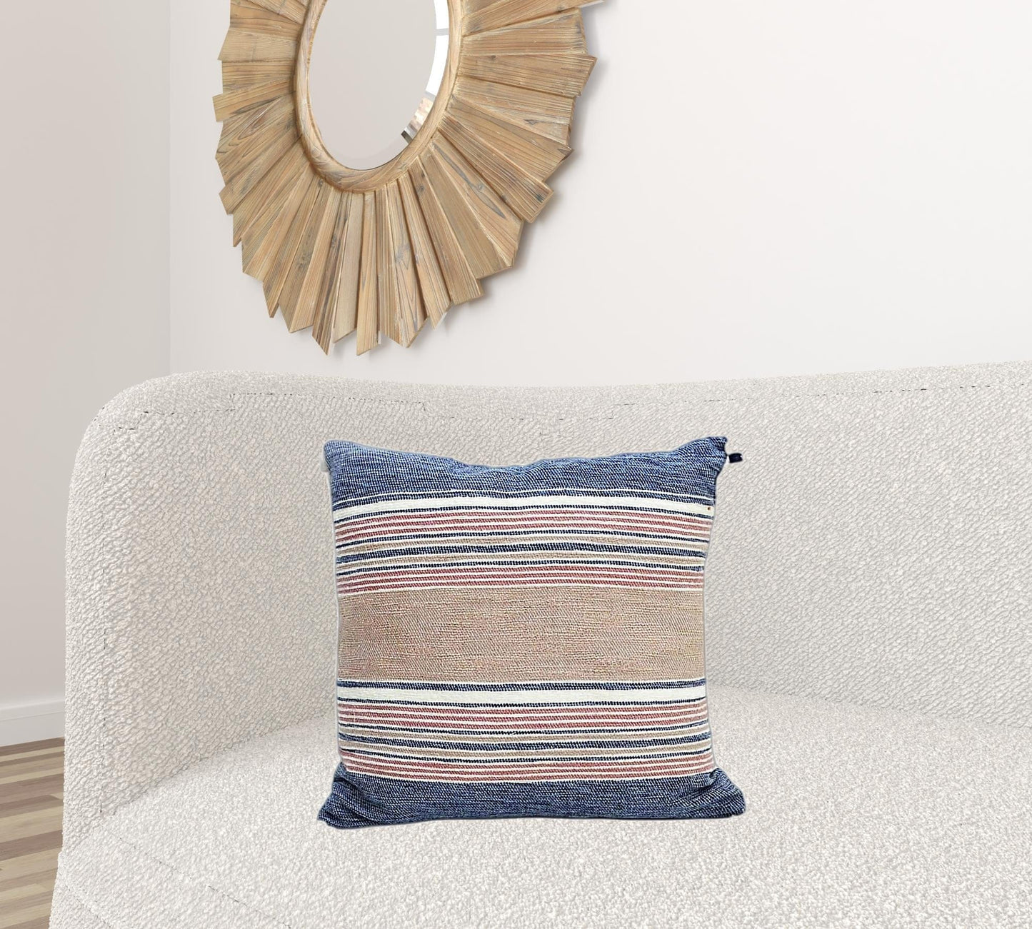 22" X 22" Blue And Tan Striped Handmade Throw Pillow With Tassels