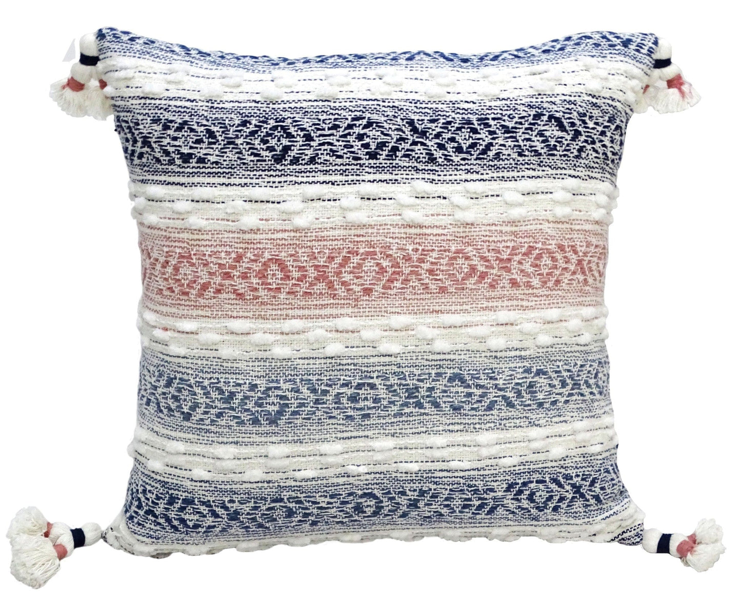 22" X 22" Blue And Peach Southwestern Stripe Handmade Throw Pillow With Tassels