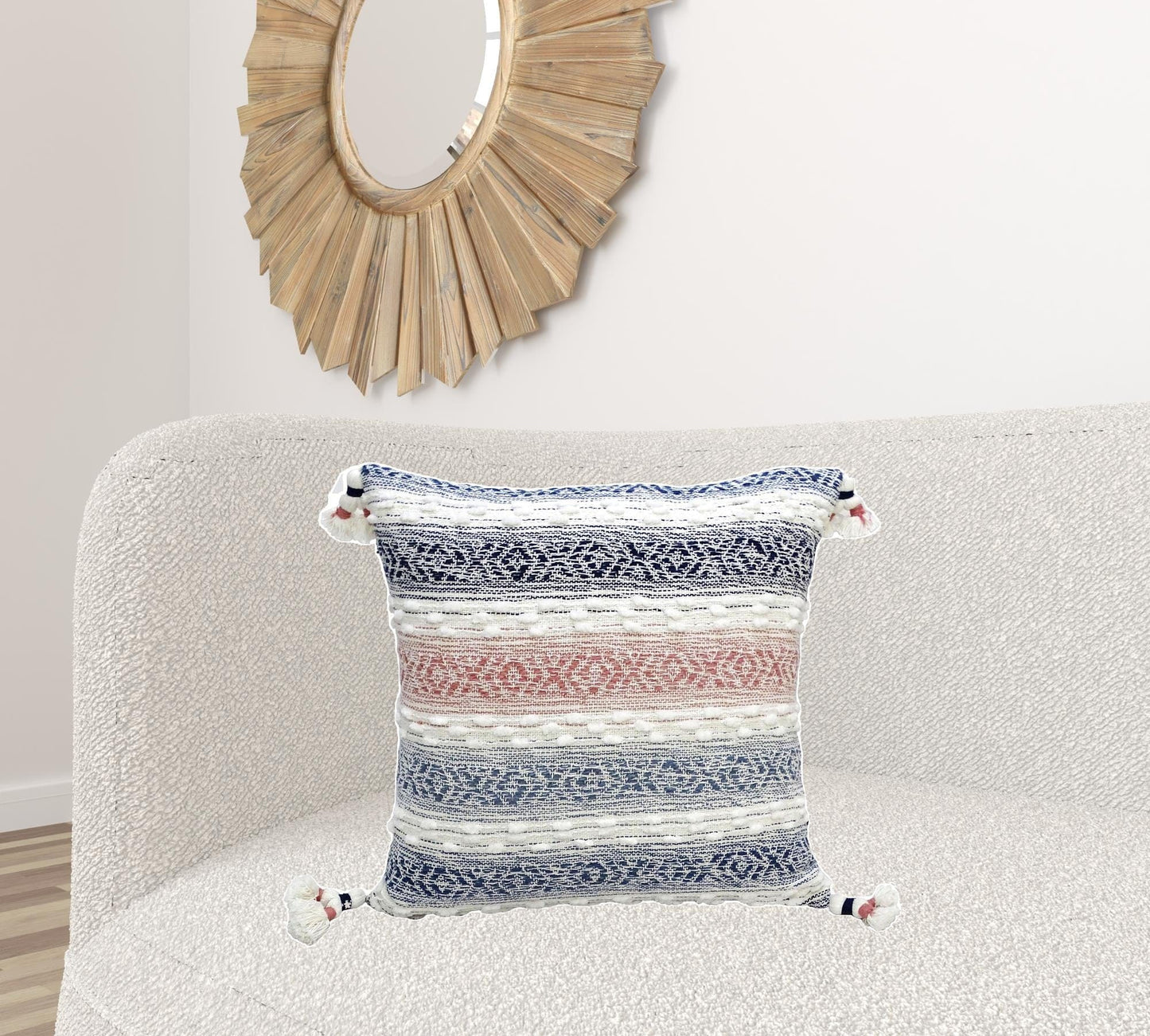 22" X 22" Blue And Peach Southwestern Stripe Handmade Throw Pillow With Tassels