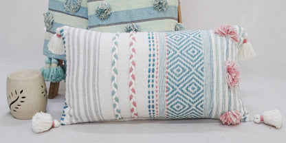 14" X 24" Blue And Pink Ribbed Zippered Handmade Cotton Blend Throw Pillow With Tassels