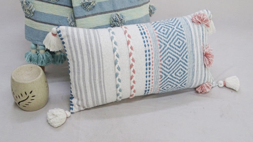 14" X 24" Blue And Pink Ribbed Zippered Handmade Cotton Blend Throw Pillow With Tassels