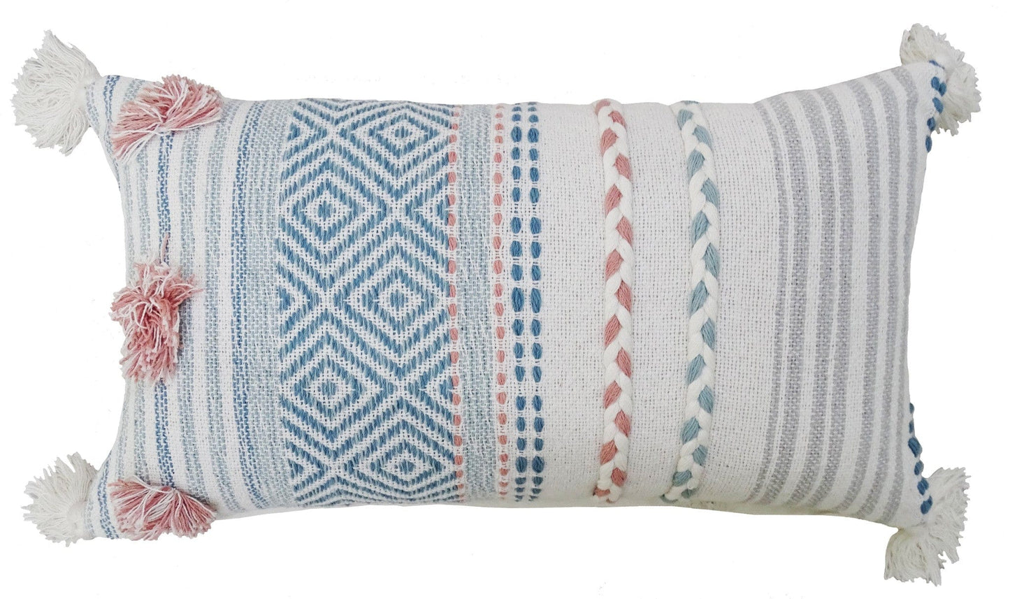 14" X 24" Blue And Pink Ribbed Zippered Handmade Cotton Blend Throw Pillow With Tassels