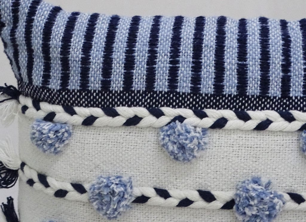 14" X 20" Navy Blue And White Ribbed Zippered Handmade Cotton Blend Throw Pillow With Tassels