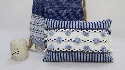 14" X 20" Navy Blue And White Ribbed Zippered Handmade Cotton Blend Throw Pillow With Tassels